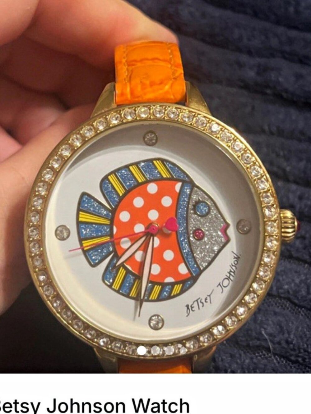 Betsey Johnson Fish Dial Women's Wristwatch Orange Faux Leather Gem-Set Bezel